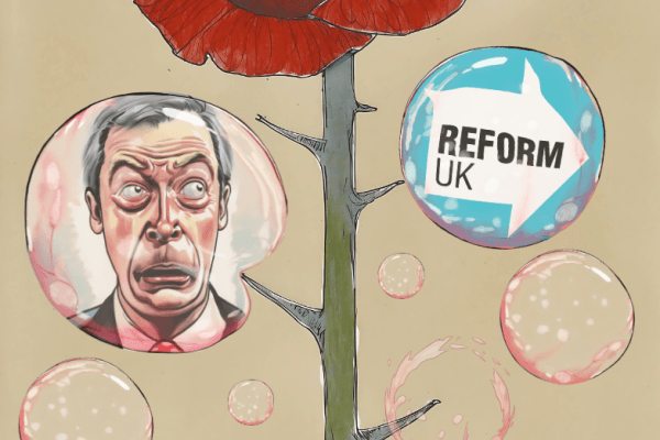 A political cartoon showing a bold red Labour rose with sharp thorns, surrounded by fragile bubbles. One bubble contains a caricature of Nigel Farage looking anxious, another shows the Reform UK logo, and smaller empty bubbles float nearby, symbolising Reform’s fragile surge against Labour.
