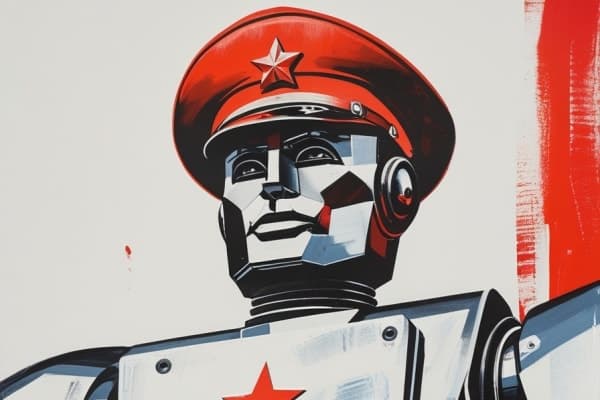 Stylised 1950s-style robot in a red Soviet hat, symbolising mass-produced online propaganda bots.