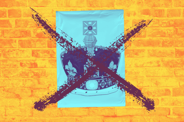 Illustration of a royal crown poster spray-painted with a bold X, symbolising public rejection of the British monarchy, against a bright yellow brick wall background.