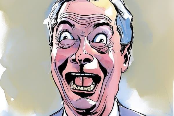 Caricature of Nigel Farage in a suit and tie with a wide, manic grin, drawn in a satirical cartoon style.