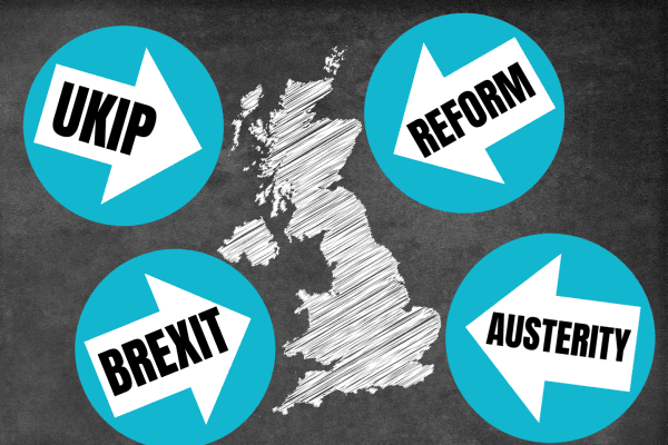 A chalk-style map of the United Kingdom surrounded by four blue circles with white arrows. Each arrow contains a word: “UKIP,” “BREXIT,” “REFORM,” and “AUSTERITY,” symbolising the political movements that have steered Britain’s direction in recent years.