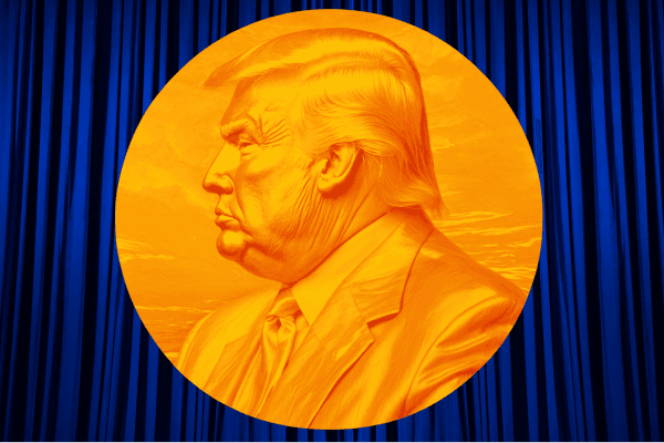 Stylised digital artwork showing a side-profile relief of a Donald Trump in orange inside a circular frame, overlaid with a "reject" stamp, on a blue curtain background.