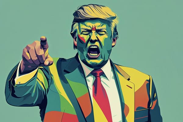 Stylised illustration of Donald Trump shouting and pointing directly at the viewer, rendered in bold colours and graphic shapes.
