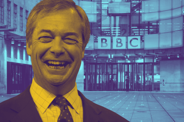 A colour-treated photo composition showing a smiling Nigel Farage in front of the BBC headquarters. His face is tinted yellow while the BBC building behind him is tinted blue, creating a stark contrast that emphasises the uneasy relationship between political figures and the broadcaster.