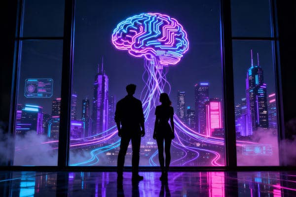 Two human silhouettes stand in front of large glass windows overlooking a futuristic city at night, with a giant neon AI brain floating above the skyline and glowing data streams linking it to the buildings, symbolising the growing influence of artificial intelligence across society.