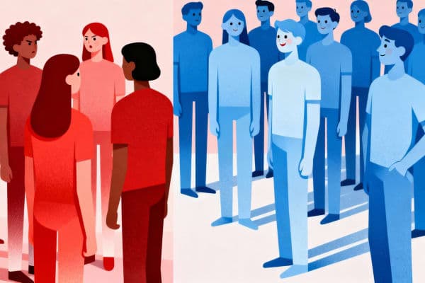 A split-screen illustration showing two groups of people: on the left, a diverse crowd dressed in various shades of red argue angrily with one another, while on the right a more uniform group dressed in blue stand together smiling and harmonious, with neither group acknowledging the other.