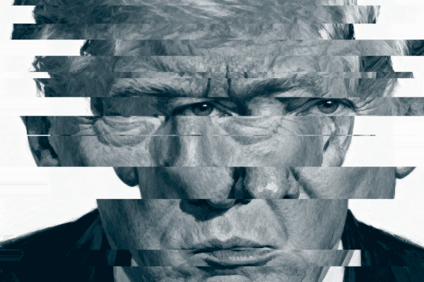 Stylised illustration of Donald Trump’s face in monochrome, fragmented by horizontal bands that obscure parts of his features, evoking redaction or censorship.