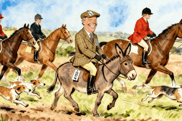 Illustrated scene of Nigel Farage riding a donkey at a hunt meet, wearing traditional hunting attire with visible price tags attached, surrounded by riders on horseback and hounds in a countryside setting.