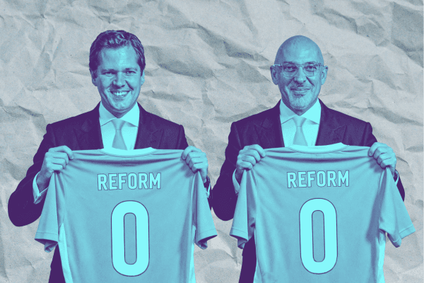 Stylised image of Robert Jenrick and Nadhim Zahawi holding Reform football shirts reading “Reform” with the number zero on each, presented against a textured background.
