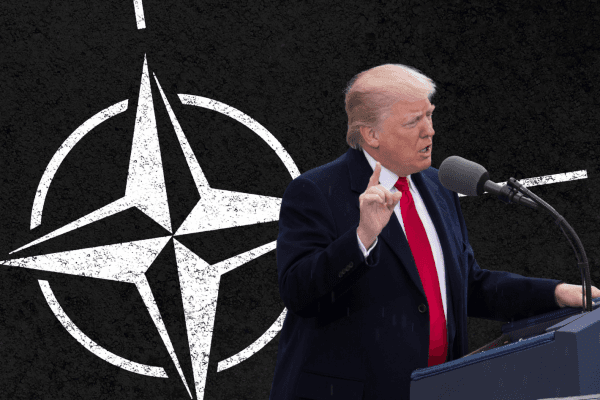 Donald Trump speaking at a podium in front of a dark textured background featuring a large NATO compass emblem.