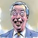 Caricature of Nigel Farage in a suit and tie with a wide, manic grin, drawn in a satirical cartoon style.