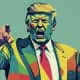 Stylised illustration of Donald Trump shouting and pointing directly at the viewer, rendered in bold colours and graphic shapes.