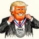 Illustration of Donald Trump on a theatrical stage, placing an oversized gold medal reading “FIFA Peace Prize” around his own neck under bright spotlights, smiling confidently as red curtains and ceremonial backdrops frame the scene.