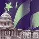 Stylised image of the US Capitol building in monochrome, positioned in front of a textured American flag with stars and stripes rendered in dark blue and green tones.
